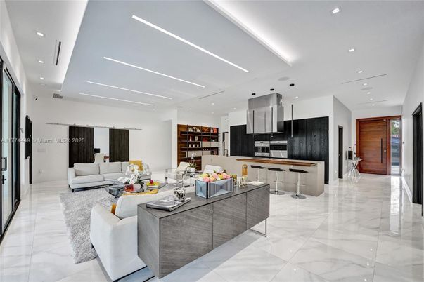 Interior, Kitchen, Living room, Marble, Recessed Lighting, Stainless Steel Appliances