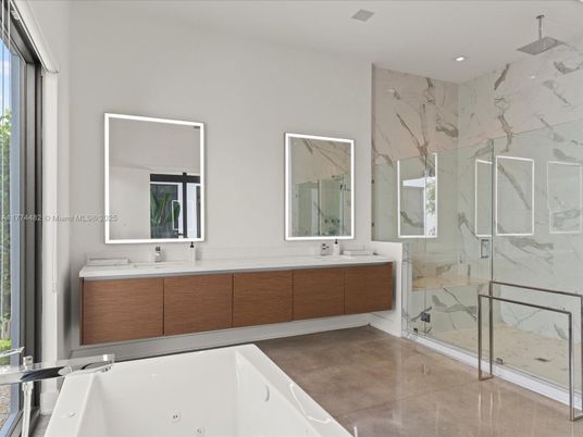 Bathroom, Dual Sink Vanities, Glass Shower, Interior, Marble Walls, Recessed Lighting