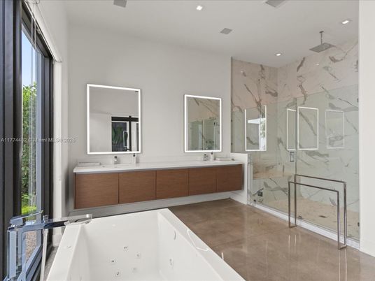 Bathroom, Dual Sink Vanities, Glass Shower, Interior, Marble Walls, Recessed Lighting
