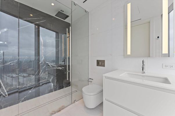Bathroom, Glass Shower, Interior, Marble Walls, Recessed Lighting