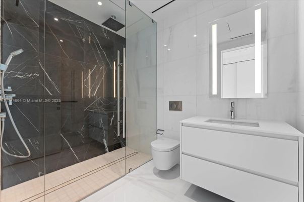 Bathroom, Glass Shower, Interior, Marble Walls, Recessed Lighting