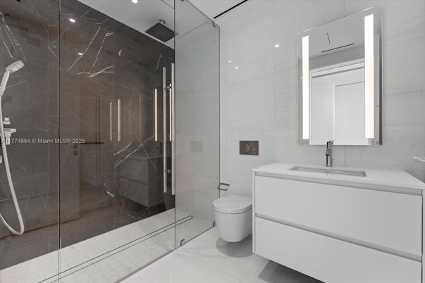 Bathroom, Glass Shower, Interior, Marble Walls, Recessed Lighting