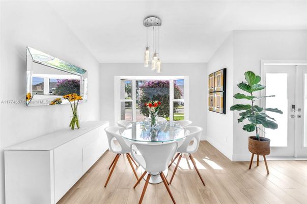 Dining room, Interior, Pendant Lights, Wood Texture Flooring