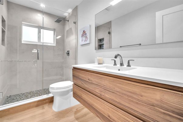 Bathroom, Glass Shower, Interior, Wood Texture Flooring
