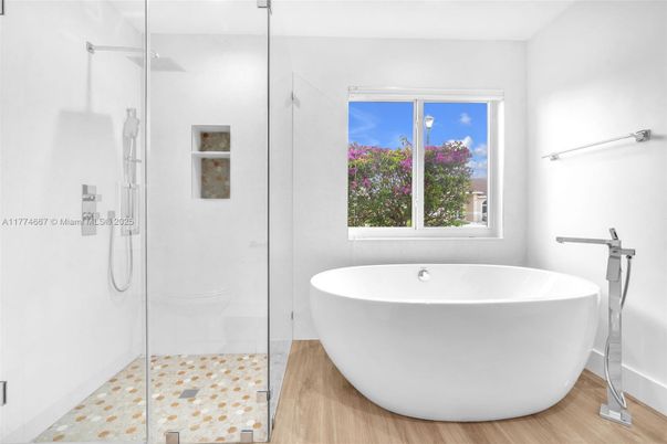 Bathroom, Free Standing Baths, Glass Shower, Interior, Wood Texture Flooring
