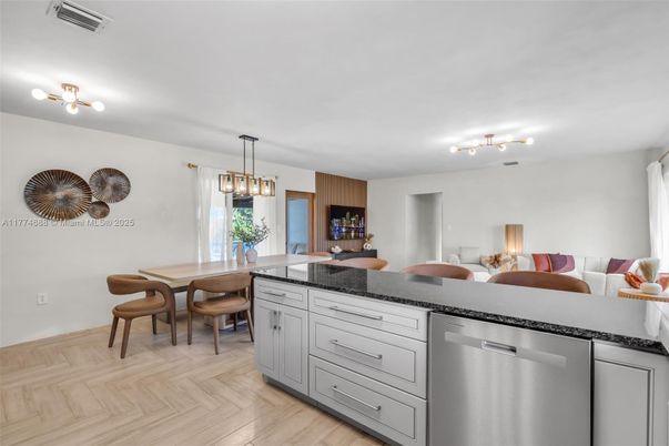 Dining room, Interior, Kitchen, Pendant Lights, Wood Texture Flooring