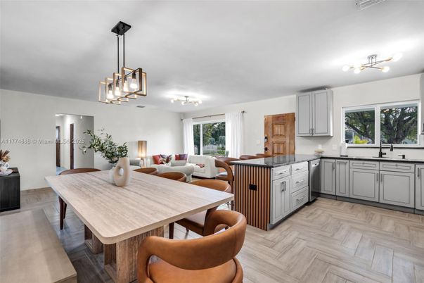 Dining room, Interior, Kitchen, Living room, Pendant Lights, Wood Texture Flooring