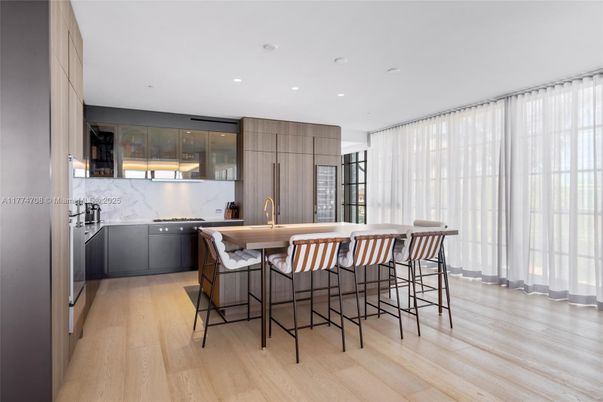 Interior, Kitchen, Marble Walls, Recessed Lighting, Wood Texture Flooring