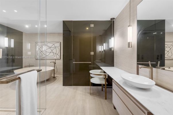 Bathroom, Dual Sink Vanities, Free Standing Baths, Glass Shower, Interior, Recessed Lighting, Wood Texture Flooring