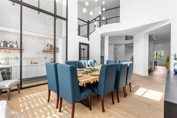 Dining room, Interior, Pendant Lights, Recessed Lighting, Wood Texture Flooring