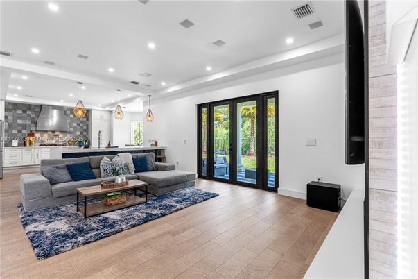 Interior, Kitchen, Living room, Pendant Lights, Recessed Lighting, Wood Texture Flooring
