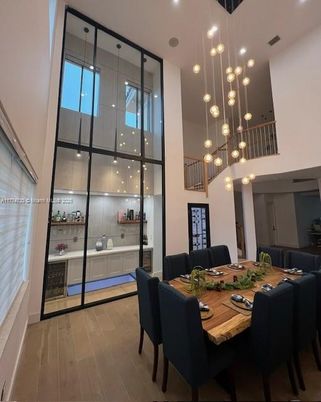 Dining room, Interior, Pendant Lights, Recessed Lighting, Wood Texture Flooring