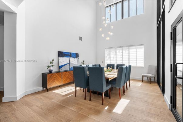 Dining room, Interior, Pendant Lights, Wood Texture Flooring