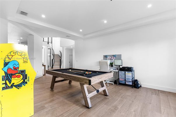 Billiard Table, Game Room, Interior, Recessed Lighting, Wood Texture Flooring