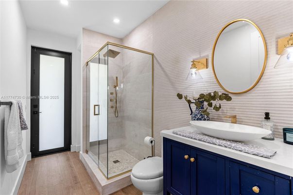 Bathroom, Glass Shower, Interior, Recessed Lighting, Wood Texture Flooring