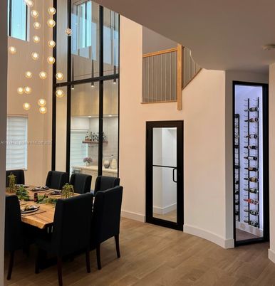 Dining room, Interior, Pendant Lights, Wood Texture Flooring
