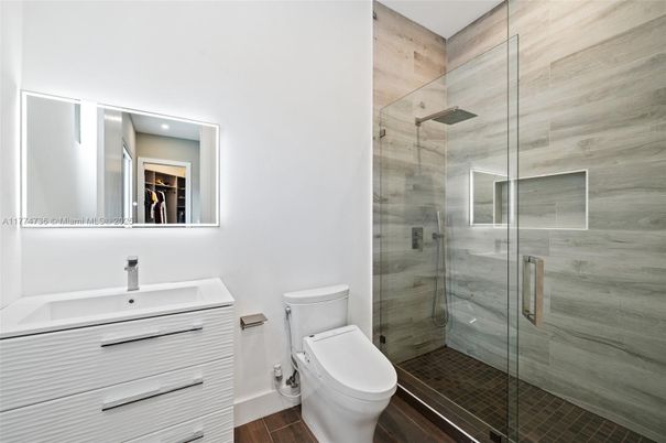 Bathroom, Glass Shower, Interior, Recessed Lighting, Wood Texture Flooring