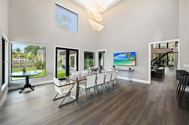 Dining room, Interior, Pendant Lights, Wood Texture Flooring