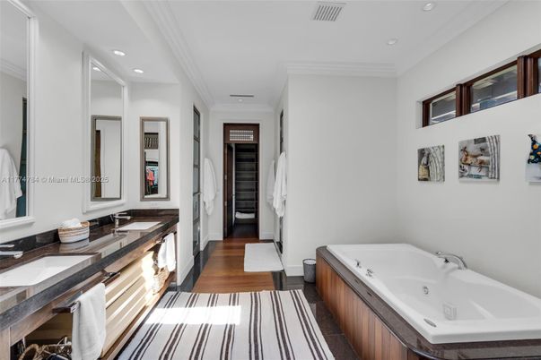 Bathroom, Dual Sink Vanities, Interior, Recessed Lighting, Wood Texture Flooring
