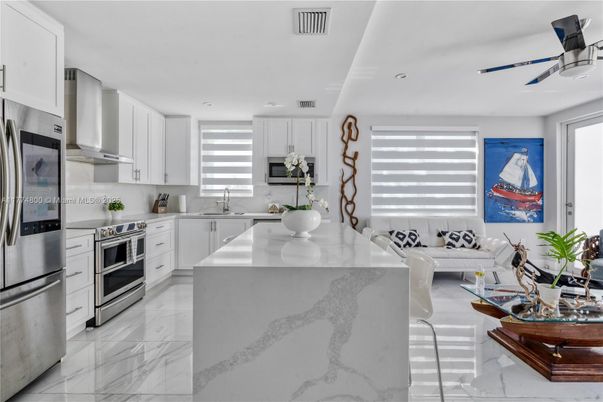 Interior, Kitchen, Marble, Recessed Lighting, Stainless Steel Appliances