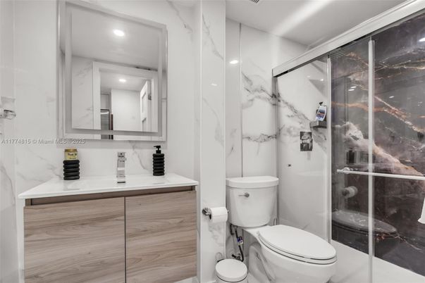 Bathroom, Glass Shower, Interior, Marble Walls, Recessed Lighting