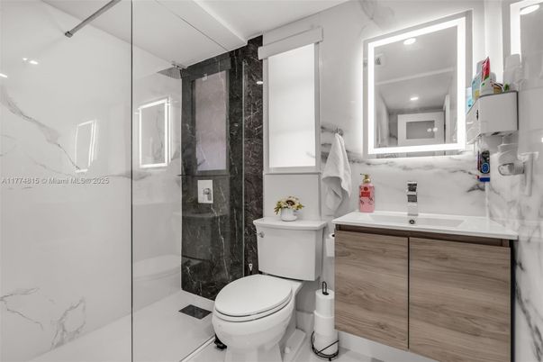 Bathroom, Glass Shower, Interior, Marble Walls, Recessed Lighting