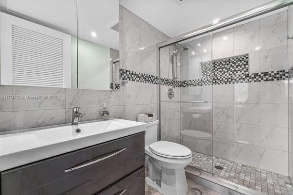 Bathroom, Glass Shower, Interior, Marble Walls, Recessed Lighting
