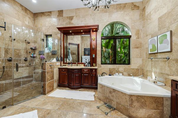 Bathroom, Glass Shower, Interior, Recessed Lighting, Stone Walls