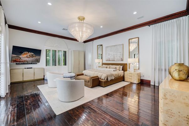 Bedroom, Chandelier, Interior, Recessed Lighting, Wood Texture Flooring