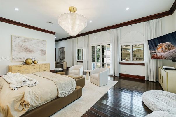 Bedroom, Chandelier, Interior, Recessed Lighting, Wood Texture Flooring