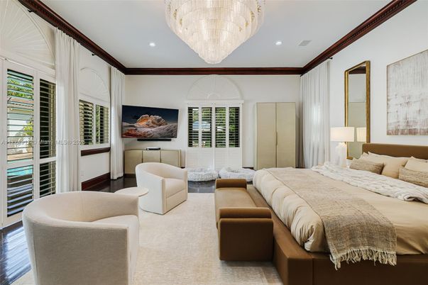 Bedroom, Chandelier, Interior, Recessed Lighting, Wood Texture Flooring