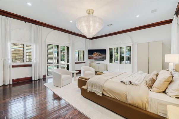 Bedroom, Chandelier, Interior, Recessed Lighting, Wood Texture Flooring