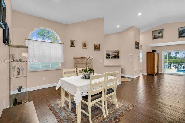 Dining room, Interior, Recessed Lighting, Wood Texture Flooring
