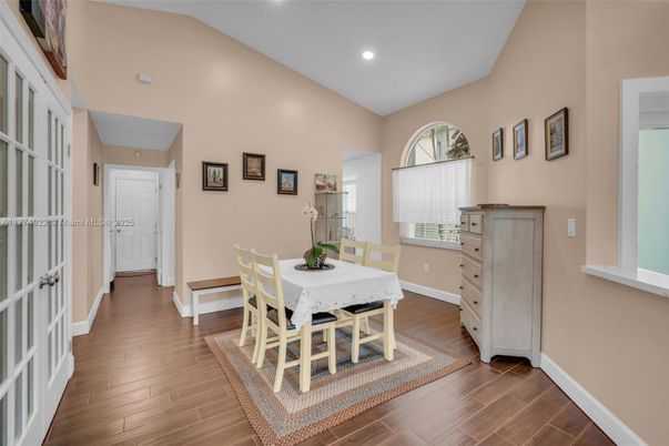 Dining room, Interior, Recessed Lighting, Wood Texture Flooring