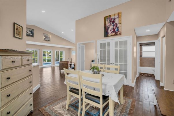 Dining room, Interior, Recessed Lighting, Wood Texture Flooring