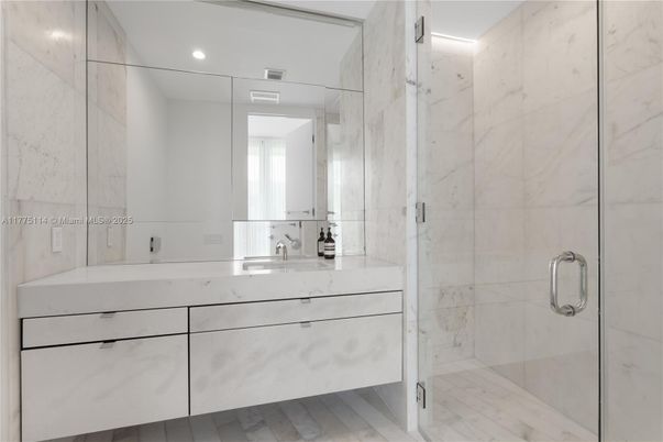 Bathroom, Glass Shower, Interior, Marble Walls, Recessed Lighting