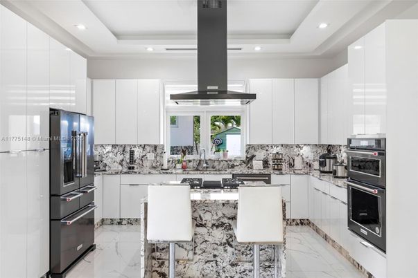 Interior, Kitchen, Marble, Recessed Lighting, Stainless Steel Appliances