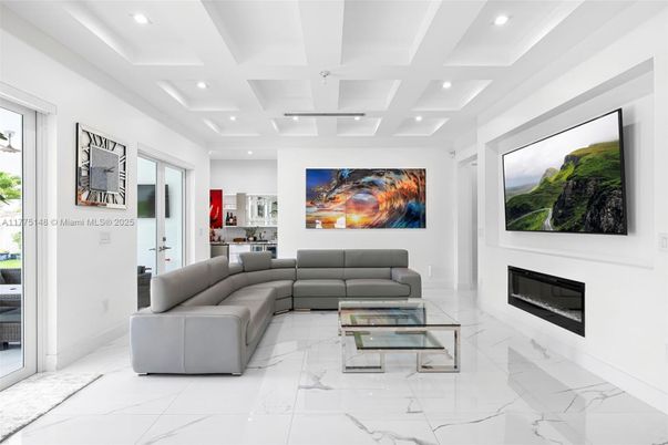 Fireplace, Interior, Living room, Marble, Recessed Lighting