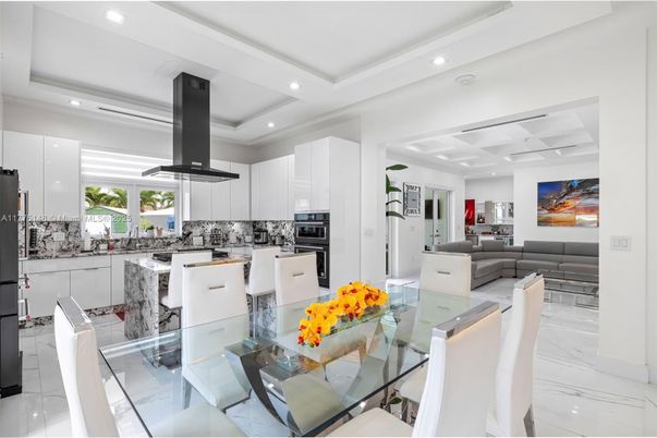 Dining room, Interior, Kitchen, Living room, Marble, Recessed Lighting, Stainless Steel Appliances