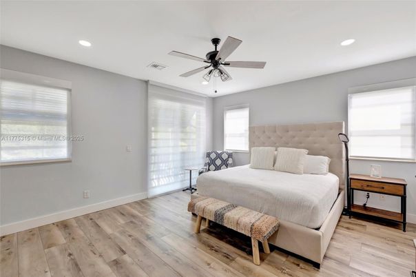 Bedroom, Interior, Recessed Lighting, Wood Texture Flooring