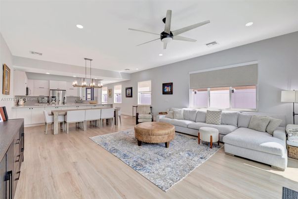 Interior, Kitchen, Living room, Pendant Lights, Recessed Lighting, Wood Texture Flooring