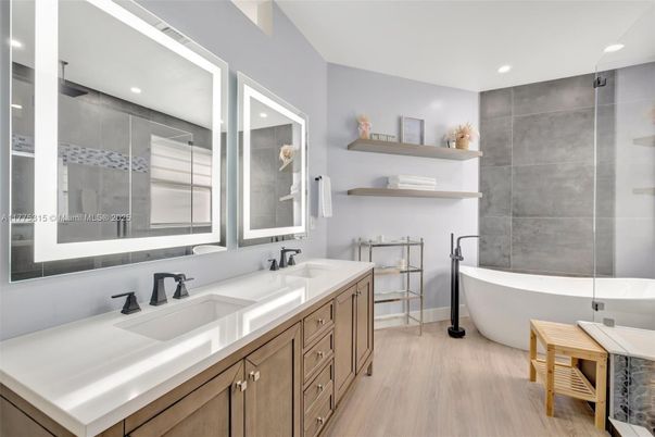 Bathroom, Dual Sink Vanities, Free Standing Baths, Interior, Recessed Lighting, Wood Texture Flooring