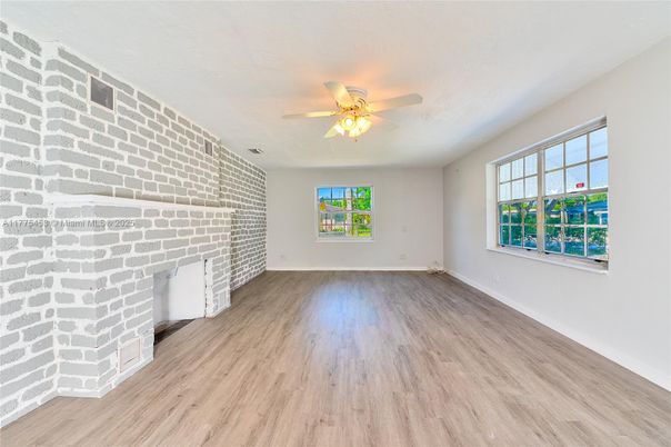 Empty room, Fireplace, Interior, Stone Walls, Wood Texture Flooring