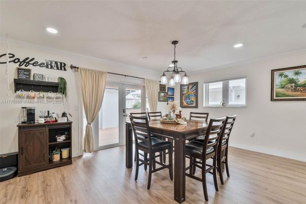 Dining room, Interior, Pendant Lights, Recessed Lighting, Wood Texture Flooring