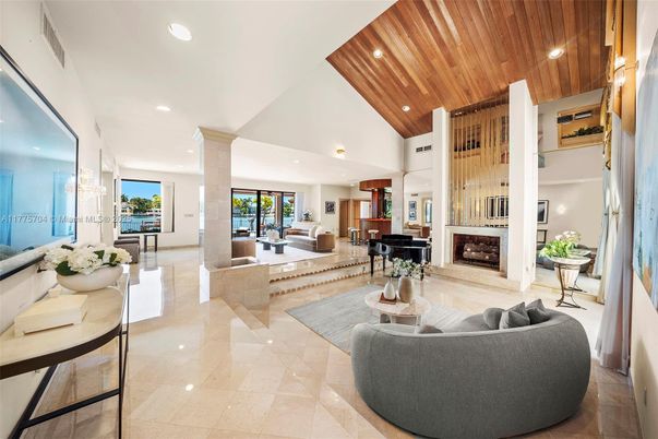 Fireplace, Interior, Living room, Piano, Recessed Lighting, Wooden Ceilings, Wooden Walls