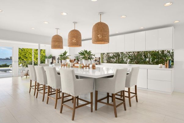 Dining room, Interior, Pendant Lights, Recessed Lighting, Wood Texture Flooring