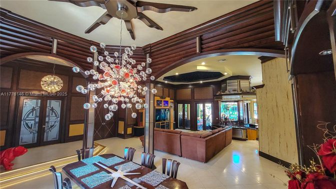 Dining room, Interior, Living room, Pendant Lights, Recessed Lighting, Wooden Walls