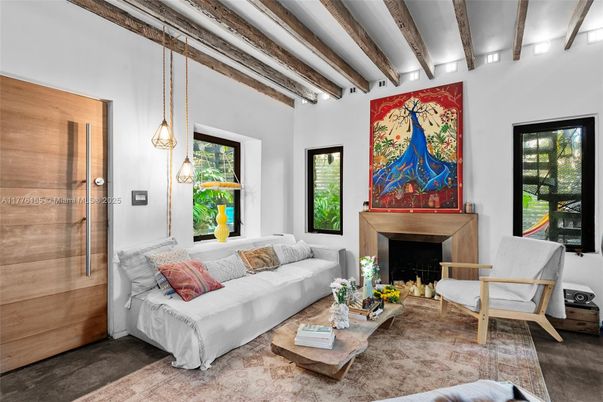 Fireplace, Interior, Living room, Pendant Lights, Wooden Beams