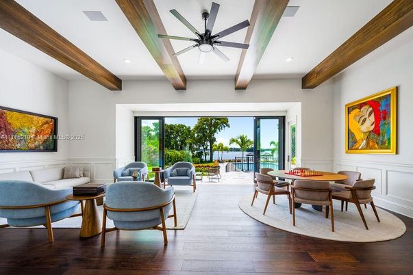 Dining room, Interior, Living room, Recessed Lighting, Wooden Beams, Wood Texture Flooring