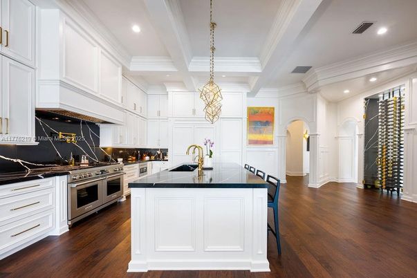 Chandelier, Interior, Kitchen, Pendant Lights, Recessed Lighting, Stainless Steel Appliances, Wood Texture Flooring